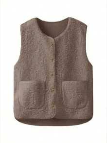 女式纯色羊羔绒双口袋单排扣休闲背心夹克，秋冬