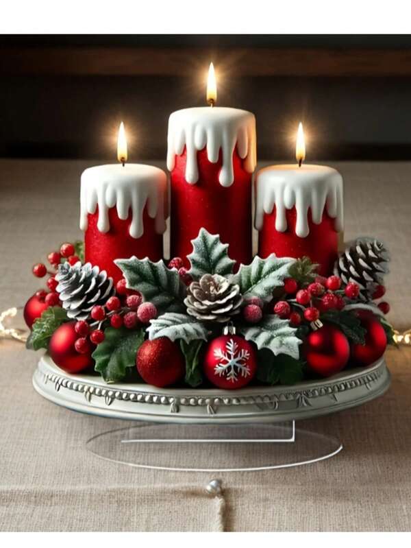 1 Stück Vintage Weihnachtskerzen Tischdekoration, multifunktionale rote Kerze Tischdekoration, Blumenmotiv, Acryl 2D flaches Material, geeignet für Zuhause, Café, Büro Dekoration, perfektes Wintergeschenk zu Weihnachten, Thanksgiving, Valentinstag