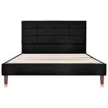 Upholstered Double Bed With Slatted Frame, 140x200cm Upholstered Bed Frame With Headboard, In Black Linen, For Adults And Teenagers (With Innerspring Mattress)