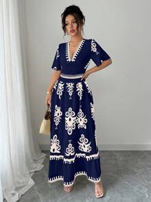 Mujeres Vintage Impreso Cuello en V Cintura Cincha A-Line Hem Vestidos,vestidos elegantes para dama - Azul Marino - Ver 4