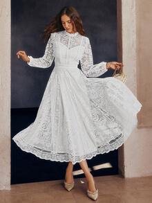 Simplee Đầm ren màu trơn mới dành cho nữ, dáng xòe, tay dài, thanh lịch, thích hợp làm đầm dạ hội, đầm dự tiệc, đầm sinh nhật, đầm dự đám cưới, đầm tốt nghiệp, màu trắng xuân/hè. - trắng - Xem 7