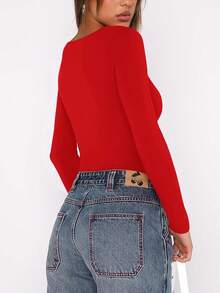 V Neck Long Sleeve Bodysuit - Comfy Double Lined Basic Top - Red - View 2