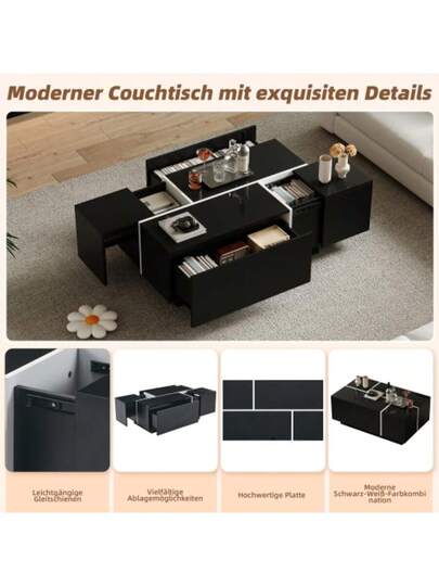 Moderne Zwart Square Coffee Table, Sofa Tafel In Patchwork High Gloss Finish, 100 60 40 Cm Living Room Four Drawers, Sliding Top, Load Capacity Up To 30 Kg view 7
