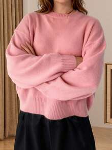 Women's Long Sleeve Sweaters Solid Color Crew Neck Loose Fit Pullover Knit Tops For Fall Winter - Rosa - Ver 4