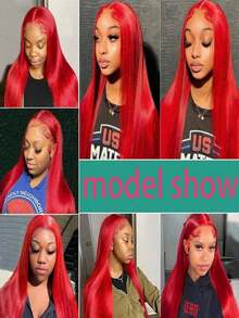 Red 250 Density 13x4 HD Transparent Lace Front Wigs Human Hair Straight Glueless Wigs Human Hair Put On And Go Wig For Women Brazilian Remy Red Colored Bone Straight Lace Frontal Wigs Human Hair With Baby Hair - 紅色 - 查看 8