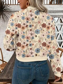 Chaqueta corta con estampado retro informal y cremallera para mujer, Chaquetas de mujer, chaquetas estampadas de mujer, chaquetas de béisbol de mujer - Caqui - Ver 2
