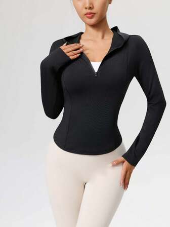 Women's Casual Outdoor Fitness Hoodie T-Shirt With Half Zipper, Suitable For Workout, Running, Yoga