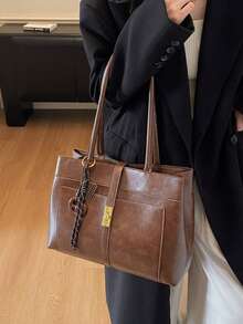 Fashionable New Women's City Commuter Tote Bag, One Shoulder Underarm Bag With Metal Twist Lock Decoration, Comes With Personalized Pendant, Elegant And High-Quality, Suitable For Commuting, Shopping, Work And Other Occasions