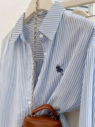 INAWLY 女士休闲宽松长袖条纹刺绣衬衫，简约百搭，适合女士毕业典礼和日常穿着