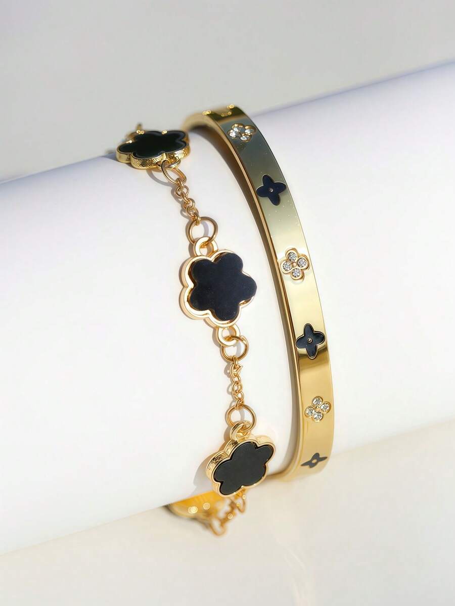 2件套防水奢华彩色立方氧化锆不锈钢开口手镯，18K镀金时尚女式首饰