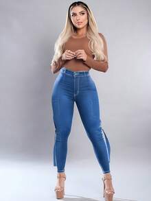 Jeans largos ajustados de mezclilla para mujer, estilo casual, alta elasticidad, azul, con botón, cremallera y bolsillos.