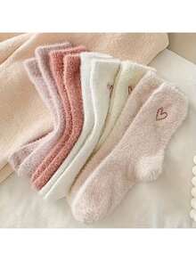 5 Pairs Heart Embroidered Socks - Soft & Fluffy Mid-Calf Socks, Great For Women In Autumn/Winter | Heart Embroidered Socks | Textured Short Socks