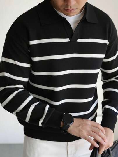 Men Long Sleeve Striped Airplane Collar Knit Sweater , Fall Winter, Grunge Style