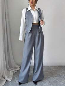 2 件套女士休闲通勤装，长袖单排扣背心搭配高腰阔腿裤，2025 年秋冬