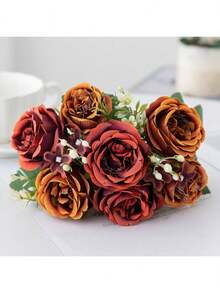 1 pieza/3 piezas/80 piezas Ramo artificial de hortensia de seda Peonía, Rosa falsa, Decoración para primavera/otoño, Jarrón de boda, Hogar, Restaurante, Dormitorio, Cocina, Habitación, Fiesta de cumpleaños, Jardín exterior - Sosteniendo rosas-naranja - Ver 7