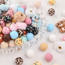 31 hạt làm đồ trang sức mùa thu/đông - Bộ hạt silicon hình gấu trúc, hạt tròn in silicon, hạt mờ, thích hợp để làm đồ trang sức hạt sáng tạo tự làm - Nhiều màu - Xem 5