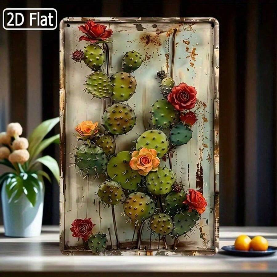 1PC Cactus With Red And Yellow Flowers Tin Sign, Vintage Floral Wall Art, 2D Flat Design, Rustic Home Decor, Retro Decor, Ideal For Living Room, Office & Nature-Inspired Spaces, 8x12 Inches / 20x30 Cm - Multifärgad - Visa 1