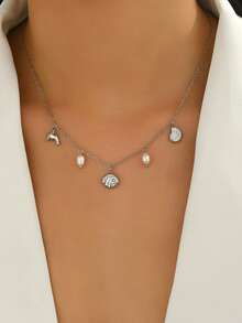 1pc Romantic Dolphin & Shell Pendant With Lustrous Pearl Necklace, Stainless Steel Delicate Choker Necklace For Women