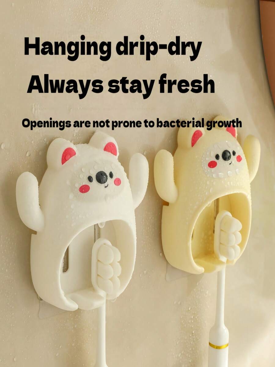 1pc Cartoon Bear Toothbrush Holder, Wall Mounted Bathroom Toothbrush Storage Rack, No Drilling Required - Multicolor - View 1