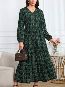 Spring Women's Floral Print Bohemian Style Long-Sleeved Maxi Dress. 2025 New Year Fashion Loose Autumn Black And Green Dress, Belled Summer Vacation Casual Dress, Elegant Party Beach Graduation Fashionable Evening Valentine's Day Dress.