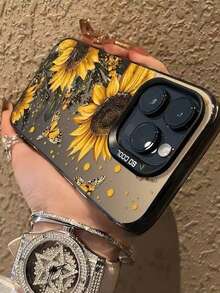 Flower 1pc Sunflower Floral Painted Phone Case Compatible With Apple 16 Pro Max, Personalized Vibrant Case Compatible With Iphone 15, 14, 13, 12 New Models - Multicolor - View 3
