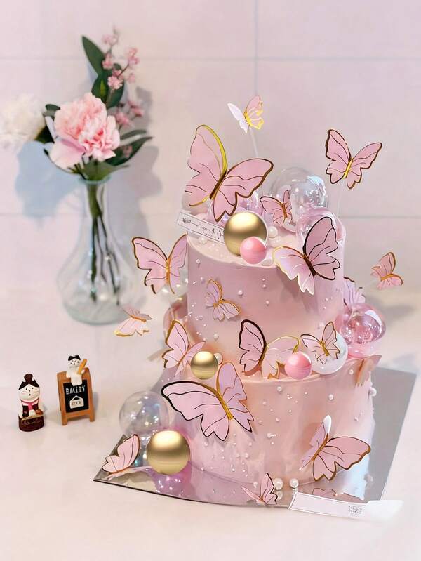 40 Stücke - Rosa Schmetterlinge Tortendekoration, INS Rosa Tortendekoration, bunte Schmetterlinge, Cupcake Dekoration, Rosa Hochzeitsdekoration, Damen Party Dekoration