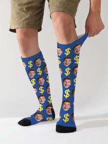 1 Pair Customized Face Socks, Customized Photo Socks, Customized Printed Socks, Print Any Face On Socks, High-Quality Men's Socks Suitable For Anniversary Gifts, Halloween, Christmas, Unique Gifts For Brides, Gifts For Boyfriends, Couples Dollar Pattern Printed Socks, Women's Knee-High Socks, New Thick Long Socks For Autumn/Winter, Calf Socks
