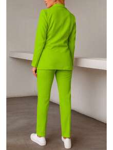 Elegante conjunto de traje liso de manga larga con cuello chal y doble botón para mujer, con bolsillos, para oficina y trabajo. - Verde Lima - Ver 4