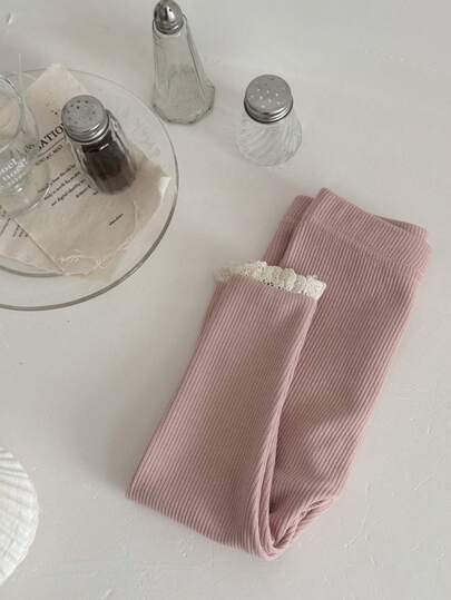 Newborn Baby Girls Solid Color Lace Trim Elastic Leggings, Spring/Autumn