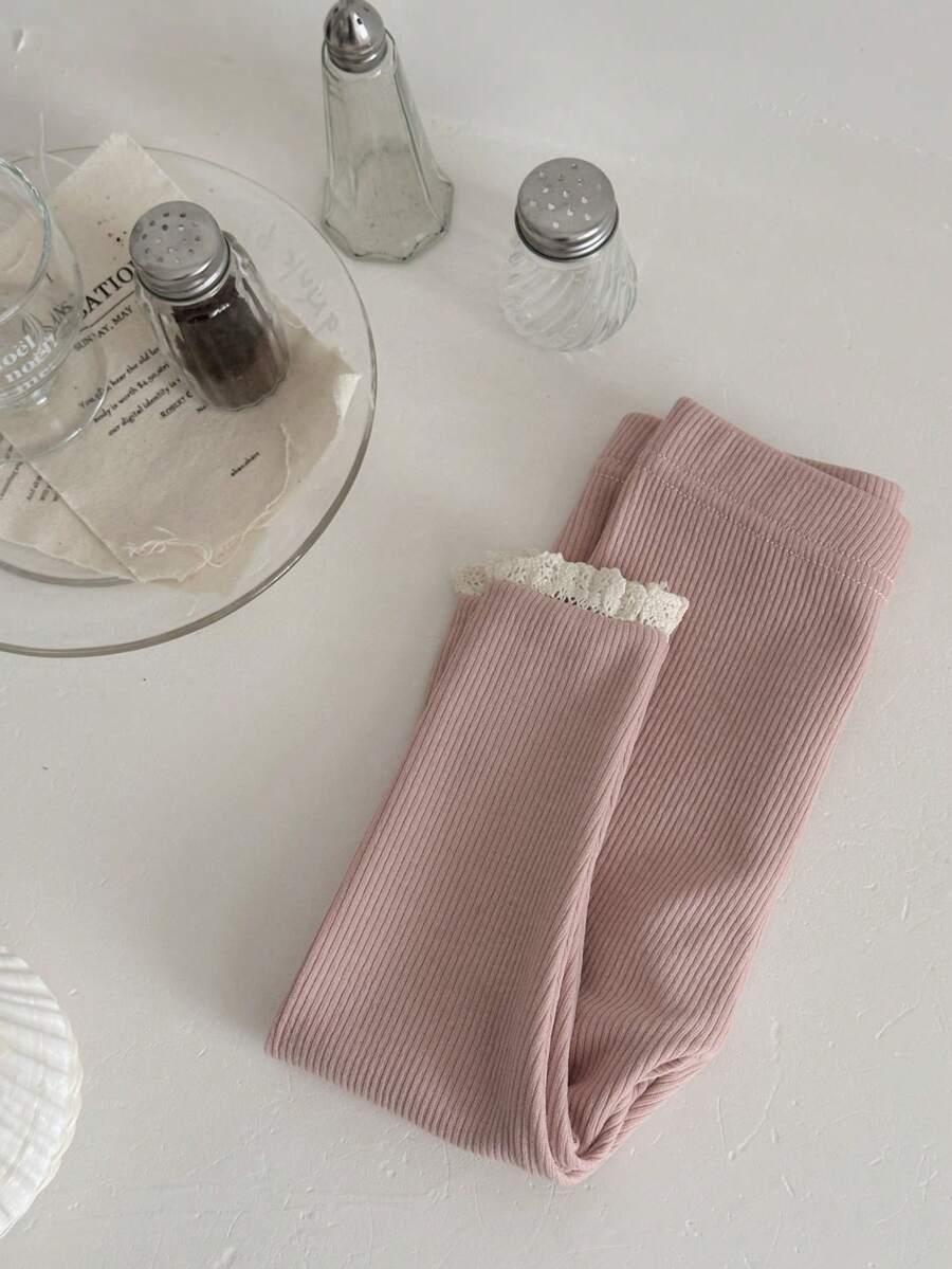 Newborn Baby Girls Solid Color Lace Trim Elastic Leggings, Spring/Autumn