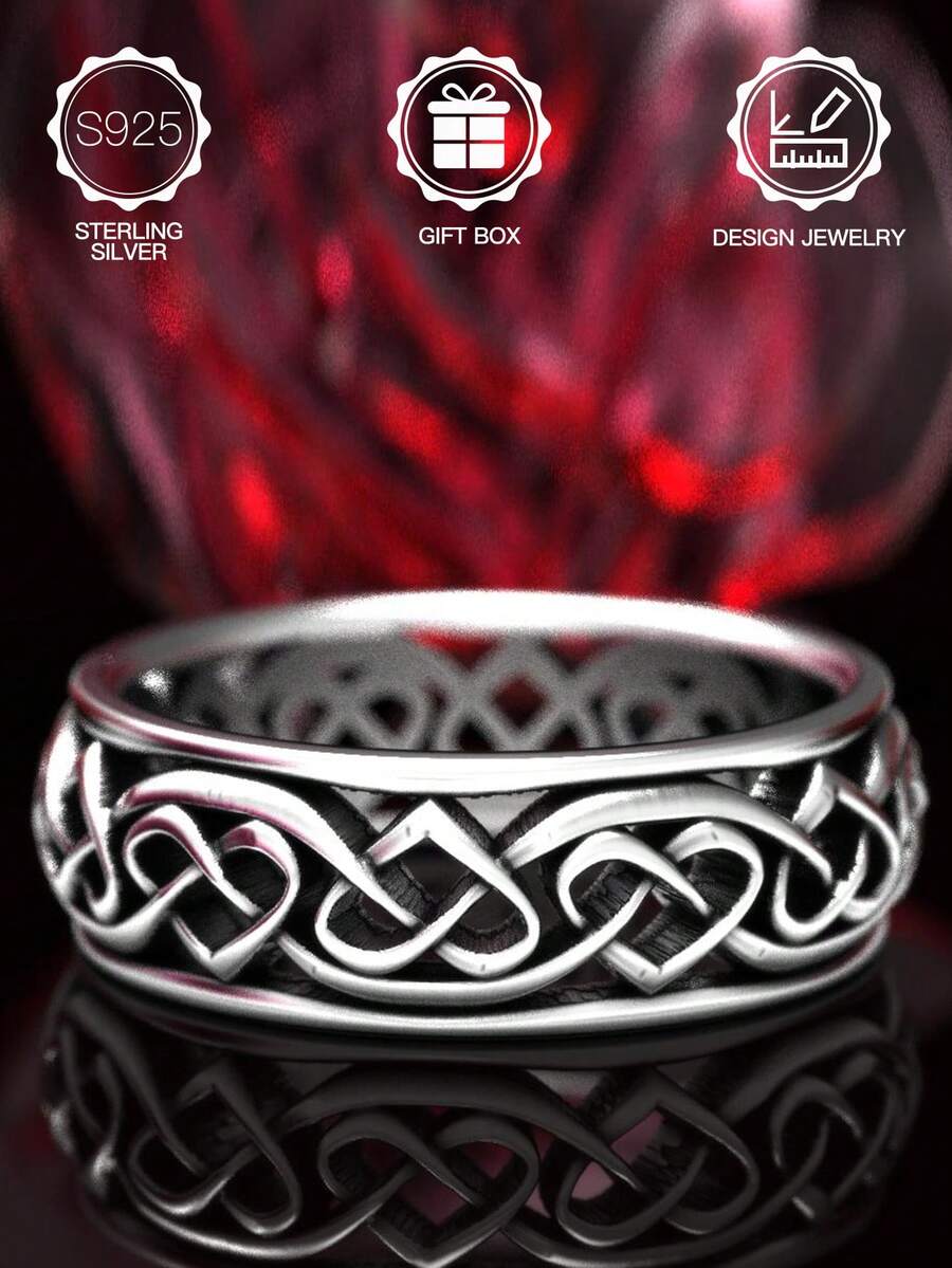 1pc S925 Sterling Silver Celtic Knot Heart Wrapped Ring, S925 Silver Braided Ring, Couple's Talisman For Valentine's Day, Casual & Commute Wear Niche Accessory