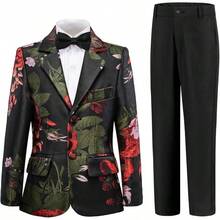 Teen Boy Jacquard Tuxedo 3 Piece Suit Set - Bow Tie Included For Wedding Prom - Red Flower - 查看 1
