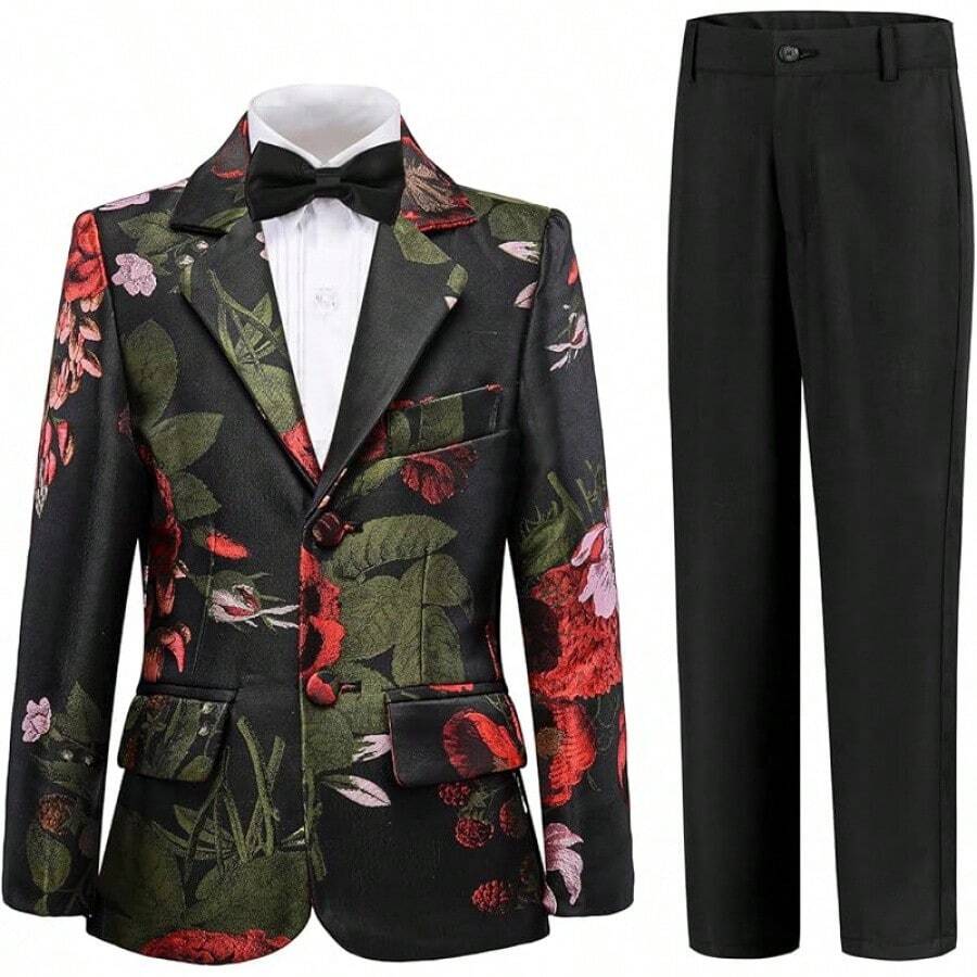 Teen Boy Jacquard Tuxedo 3 Piece Suit Set - Bow Tie Included For Wedding Prom - Red Flower - 查看 1