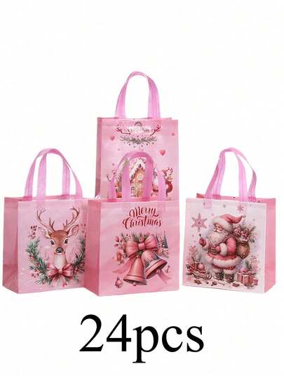24pcs Pink Christmas Party Non-Woven Fabric Gift Bags, Santa Claus, Reindeer, Christmas Tree, Non-Woven Bags, Holiday Shopping Bags, Party Gifts, Christmas Bell Gift Bags, Party Bags, Party Gift Bags, Craft Tote Bags, Christmas Party Gifts, Birthday Decorations, Party Favor Decorations (Christmas Gift Bags)