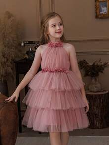 女童3D立体花朵网纱蛋糕裙，优雅粉色派对礼服，公主裙，适合女孩生日派对、宴会、晚宴、婚礼花童、选美比赛、感恩节、毕业典礼等场合。 - 粉色 - 查看 10