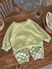 2pcs/Set Baby Boy Casual Solid Color Crew Neck Long Sleeve Sweatshirt And Checkerboard Long Pants, Spring/Autumn - Green - View 5