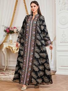 SISKAKIA Luxury Leaf Pattern Woven Fabric Sequin Patchwork Embroidered Dress, Suitable For Holiday, School, Office, Date, All Seasons Eid - Black - View 2