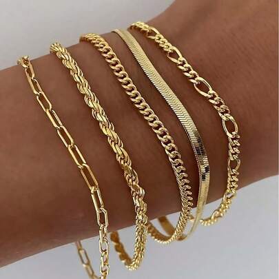 Set de 5 piezas de pulseras con tonos dorados elegantes para mujeres - Multicapa con cadenas delgadas y retorcidas, de construcción de aleación, perfectas para uso diario y de fiesta, accesorio de moda minimalista