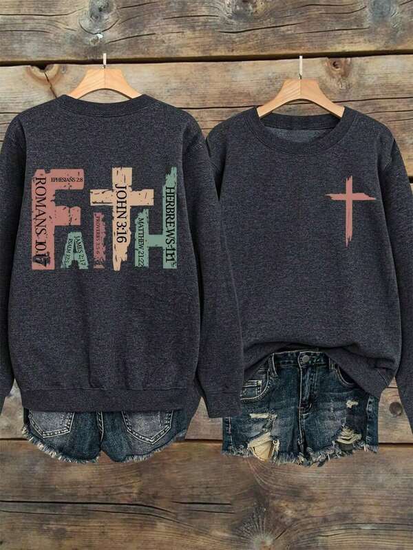 Faith Print Slogan Letter Graphic Crew Neck Long Sleeve Sweatshirt For Plus Size Women, Autumn/Winter - Unisex
