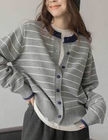 Contrast Color Striped Sweater For Women, Loose And Comfortable Winter Top, Luxurious Wool Blend Knit Cardigan Jacket - 灰色 - 查看 4