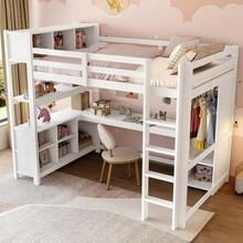 Hochbett 140x200 cm mit SCHREIBTISCH & KLEIDERSCHRANK | Komplett-Arbeitsplatz mit Regalen & Ablagefächern | Raumwunder für kleine Zimmer | Ohne Matratze, weiß