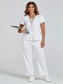 Plus Size Women's White Zipper Lab Coat Nurse Scrub Uniform Scrubs Suit, Includes Top And Pants With Pockets, Suitable For Beauty Salon, Dental Clinic, Veterinary Hospital