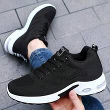 Fly Woven Sneakers, Women's Breathable Mesh Air Cushion Shoes, Women's Casual Dancing, Fitness, Running, Women's Shoes, Light Travel Shoes - 黑與白 - 查看 2