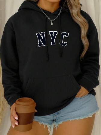 1-Piece Autumn And Winter Plus Size Women's Sports Sweatshirt, Black Hooded Patch Pocket Sweatshirt, NYC Print Pattern, Simple And Casual, Suitable For Family Gatherings, Outdoor Sports And Fitness, And Everyday Casual Wear.