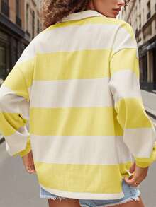Y2k Women Striped Rugby Polo Shirt Long Sleeve Collared Oversized Vneck Sweatshirt Vintage Jersey Girls Streetwear - 淡黃色 - 查看 3
