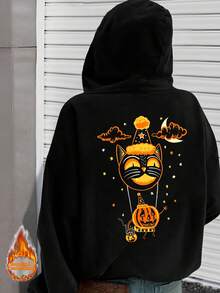 Chaqueta con capucha y diseño de brujas y gatos espeluznantes para Halloween - Estampado gráfico, cierre frontal de media cremallera, negro con detalles naranjas, ropa exterior casual para todas las estaciones, ropa de Halloween, atuendo festivo, diseño festivo, tela duradera, compradores de vacaciones - Oscuro - Ver 1