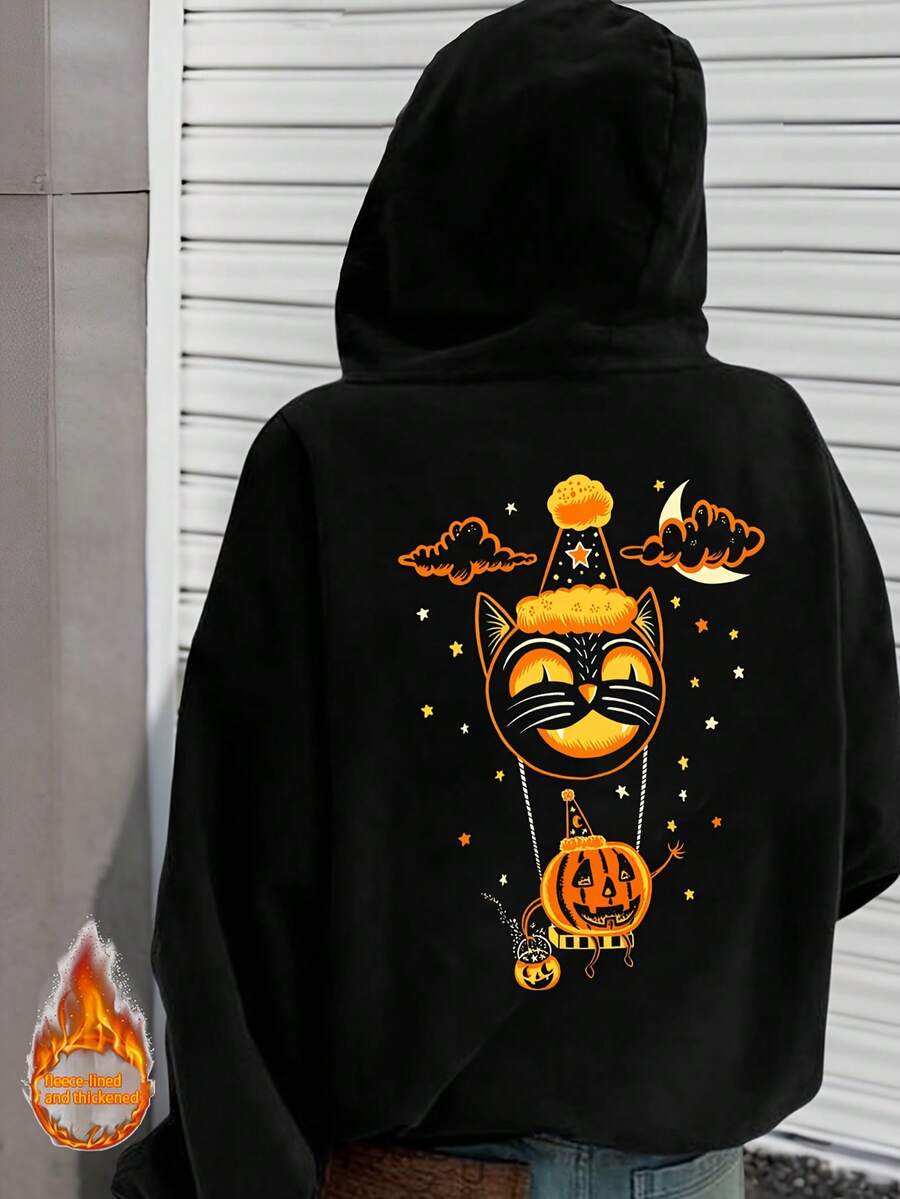 Chaqueta con capucha y diseño de brujas y gatos espeluznantes para Halloween - Estampado gráfico, cierre frontal de media cremallera, negro con detalles naranjas, ropa exterior casual para todas las estaciones, ropa de Halloween, atuendo festivo, diseño festivo, tela duradera, compradores de vacaciones - Oscuro - Ver 1