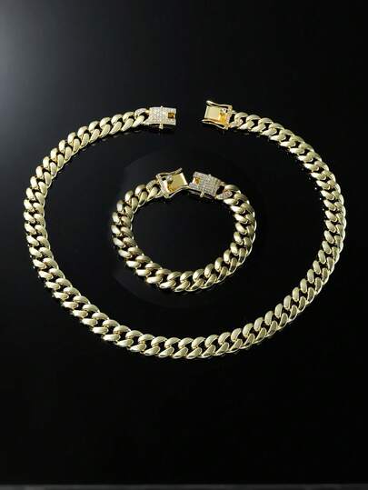 1 Set Men's Hip Hop Style Classic Smooth Cuban Link Chain Necklace And Bracelet Set