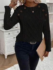 New Women Button Knit Pullover Sweater - Black - View 2