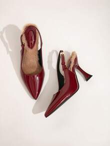Wide Fit Burgundy Shiny Metallic Buckle Decor Faux Fur Lined Stiletto Hollow Out Pumps, Suitable For Daily Wear, Banquet, Party, Fashion Plus Size Women High Heels. Faux Fur Length And Quantity Placement Are Random - Burgundy - View 3